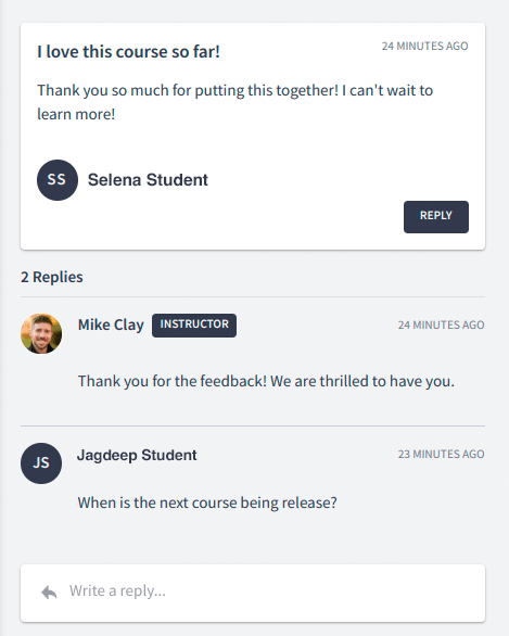 Screenshot of a discussion section in the Thinkific learning platform where learners are communicating with each other and their instructor